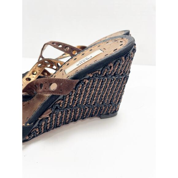 Prada Brown & Black Cutout Leather Woven Wedge Sandals Size 40 - Picture 8 of 10